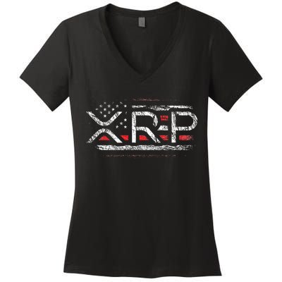 Crypto Currency Xrp Cryptocurrency American Flag Xrp Women's V-Neck T-Shirt