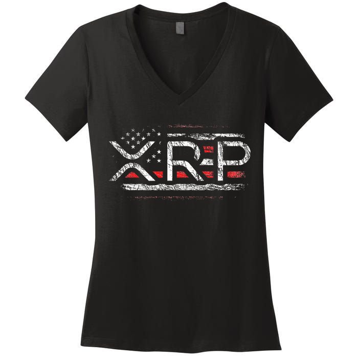 Crypto Currency Xrp Cryptocurrency American Flag Xrp Women's V-Neck T-Shirt