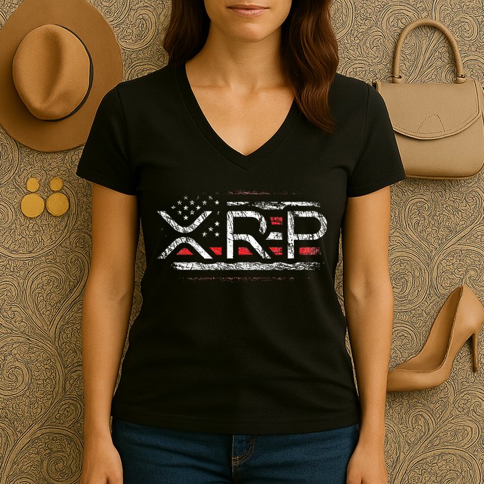 Crypto Currency Xrp Cryptocurrency American Flag Xrp Women's V-Neck T-Shirt