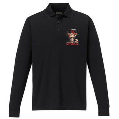 Cute Cat Xmas Lights ItS Fine IM Fine Everything Is Fine Funny Gift Performance Long Sleeve Polo