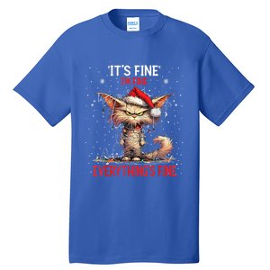 Cute Cat Xmas Lights ItS Fine IM Fine Everything Is Fine Funny Gift Tall T-Shirt