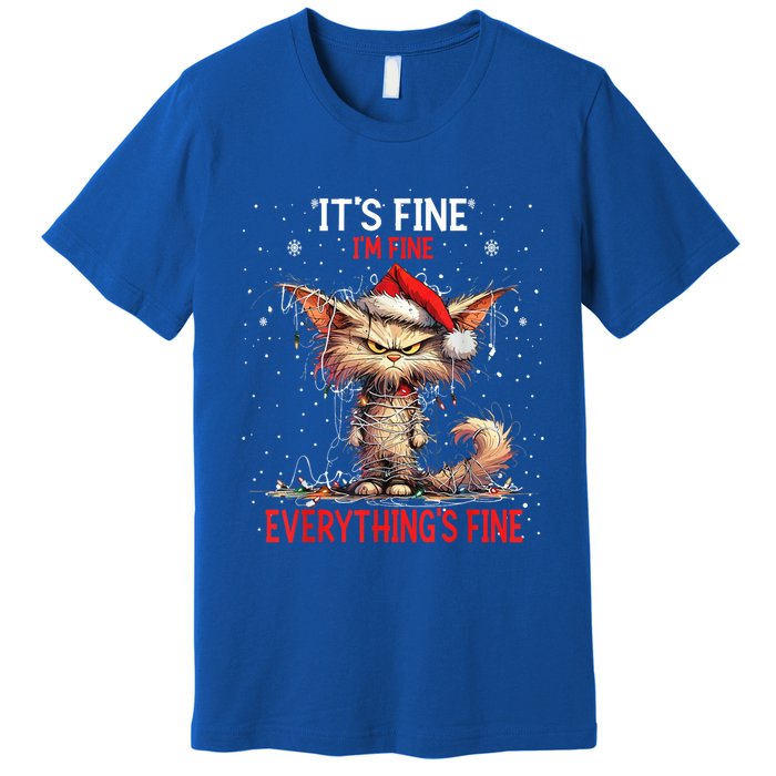 Cute Cat Xmas Lights ItS Fine IM Fine Everything Is Fine Funny Gift Premium T-Shirt