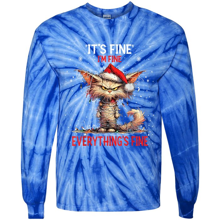 Cute Cat Xmas Lights ItS Fine IM Fine Everything Is Fine Funny Gift Tie-Dye Long Sleeve Shirt