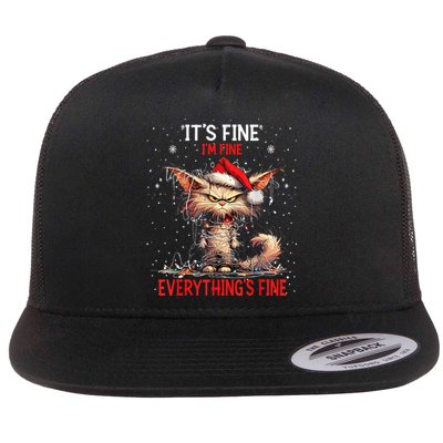 Cute Cat Xmas Lights ItS Fine IM Fine Everything Is Fine Flat Bill Trucker Hat