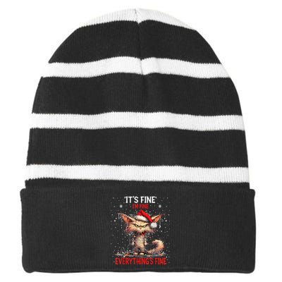 Cute Cat Xmas Lights ItS Fine IM Fine Everything Is Fine Striped Beanie with Solid Band