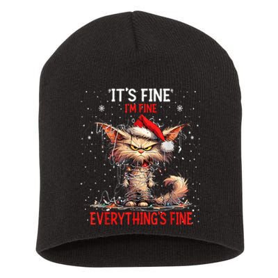 Cute Cat Xmas Lights ItS Fine IM Fine Everything Is Fine Short Acrylic Beanie