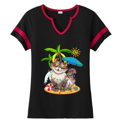 Cute Cat & Xmas Lights Palm Tree Christmas In July Summer Ladies Halftime Notch Neck Tee