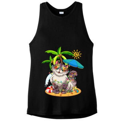 Cute Cat & Xmas Lights Palm Tree Christmas In July Summer Ladies PosiCharge Tri-Blend Wicking Tank