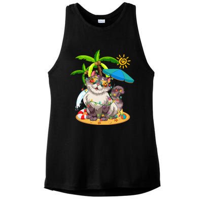 Cute Cat & Xmas Lights Palm Tree Christmas In July Summer Ladies PosiCharge Tri-Blend Wicking Tank