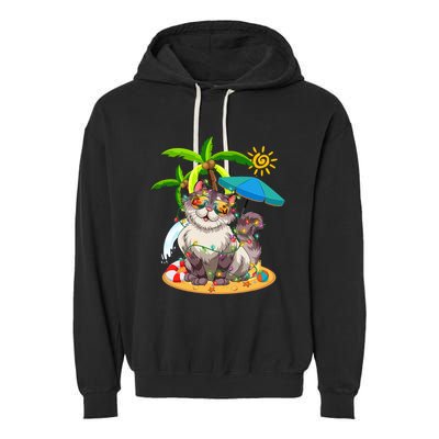 Cute Cat & Xmas Lights Palm Tree Christmas In July Summer Garment-Dyed Fleece Hoodie