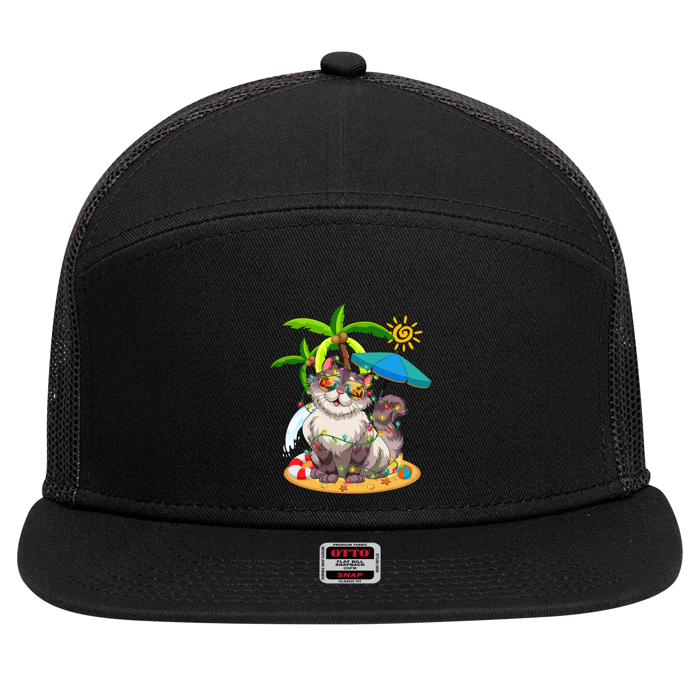 Cute Cat & Xmas Lights Palm Tree Christmas In July Summer 7 Panel Mesh Trucker Snapback Hat