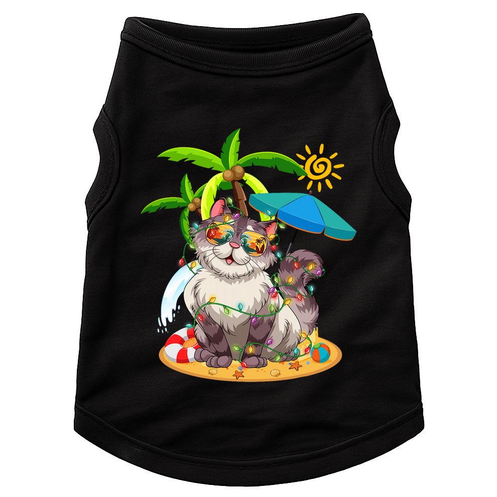 Cute Cat & Xmas Lights Palm Tree Christmas In July Summer Doggie Tank