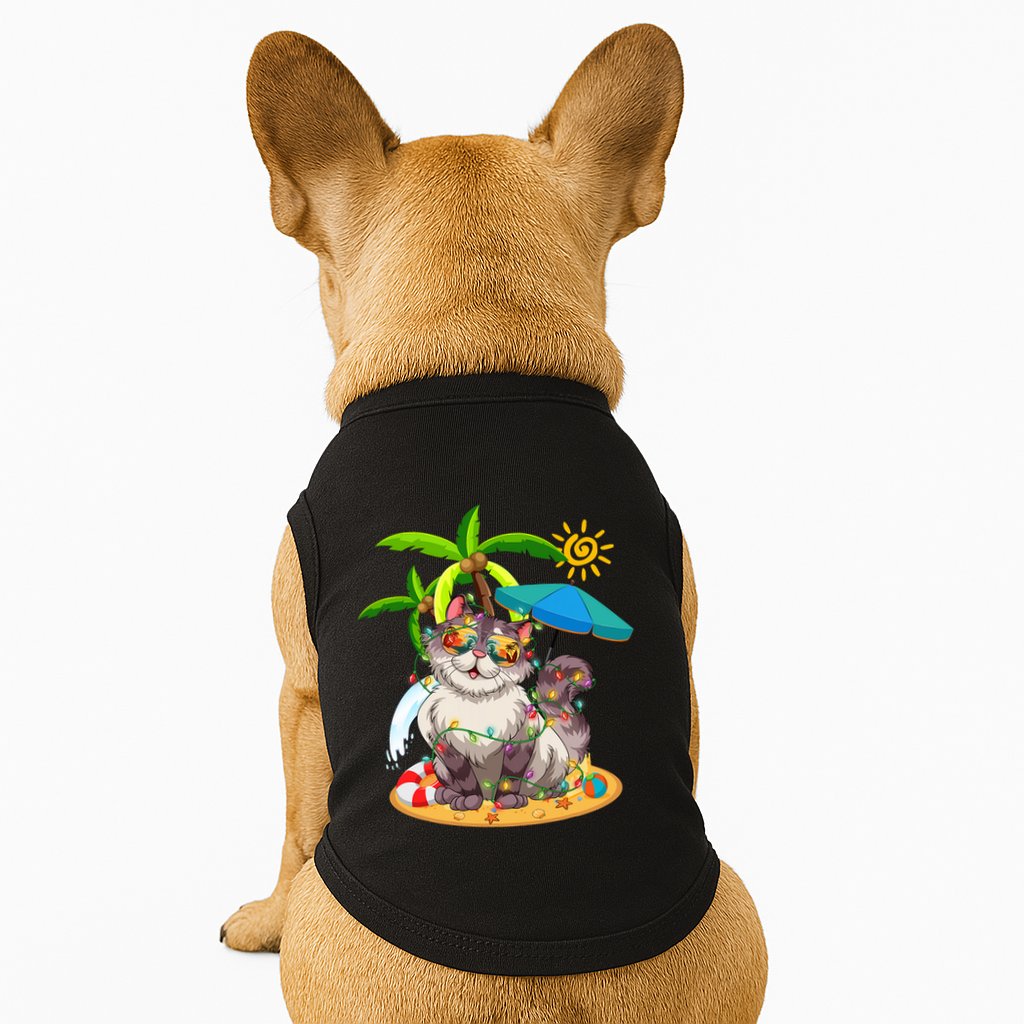 Cute Cat & Xmas Lights Palm Tree Christmas In July Summer Doggie Tank