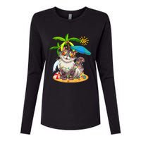 Cute Cat & Xmas Lights Palm Tree Christmas In July Summer Womens Cotton Relaxed Long Sleeve T-Shirt