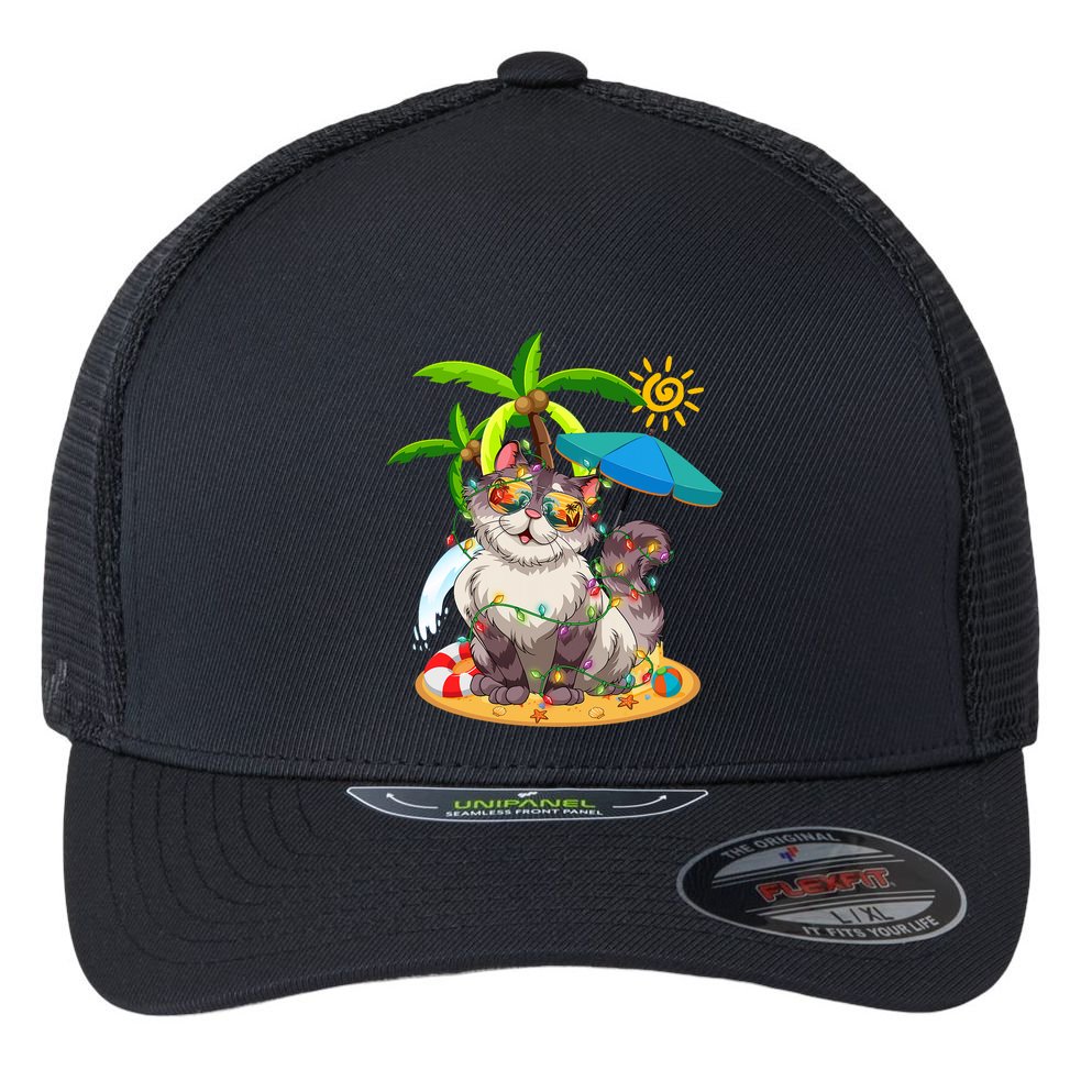 Cute Cat & Xmas Lights Palm Tree Christmas In July Summer Flexfit Unipanel Trucker Cap