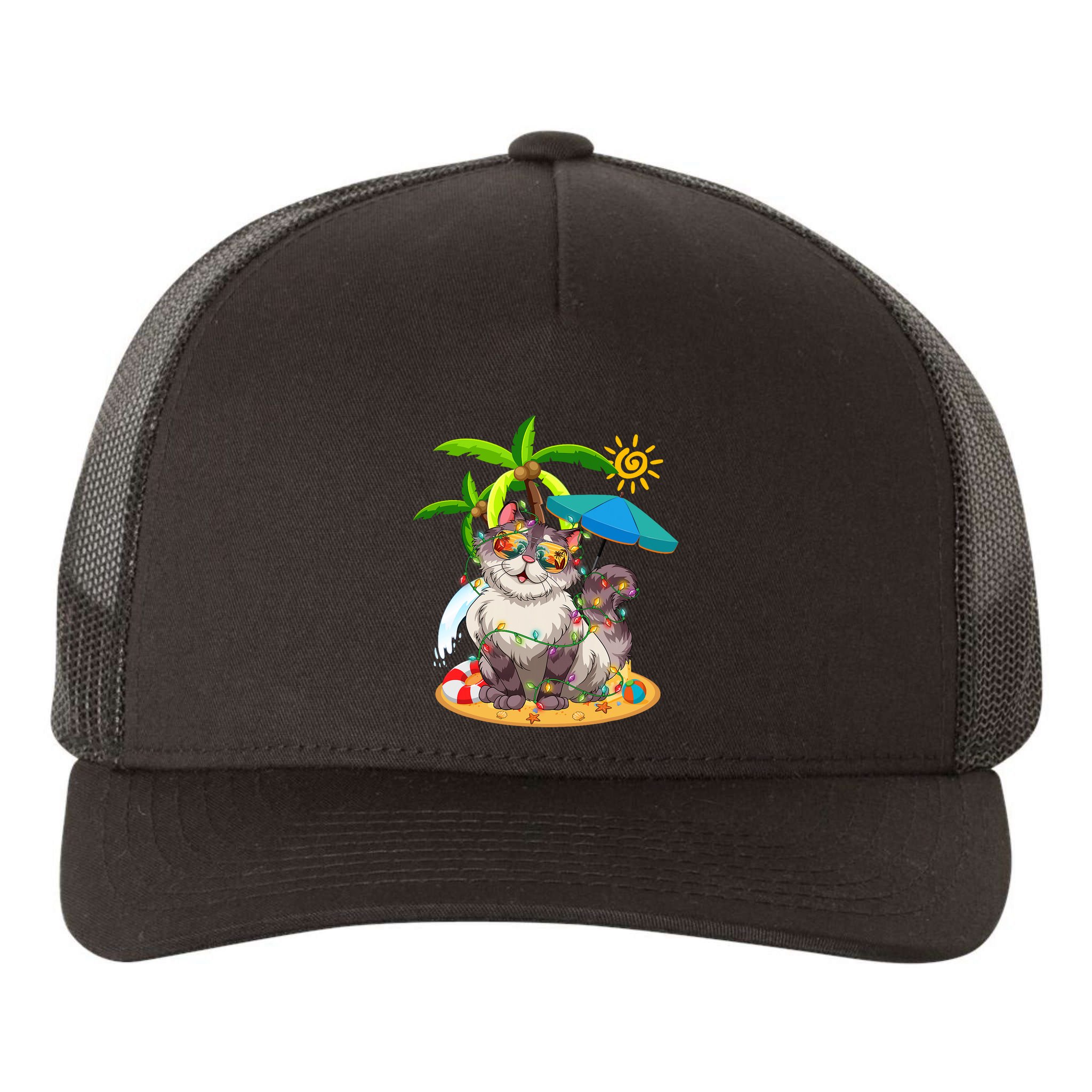 Cute Cat & Xmas Lights Palm Tree Christmas In July Summer Yupoong Adult 5-Panel Trucker Hat