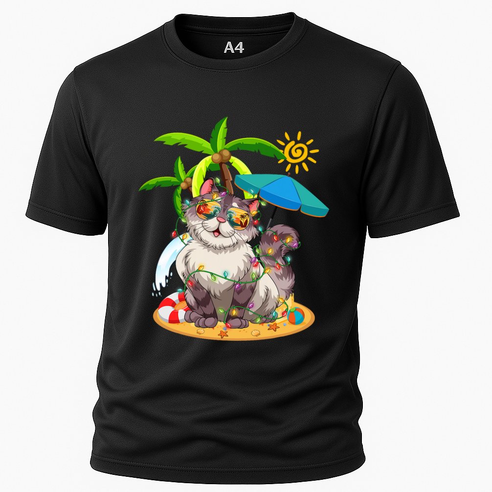 Cute Cat & Xmas Lights Palm Tree Christmas In July Summer Performance Shirt