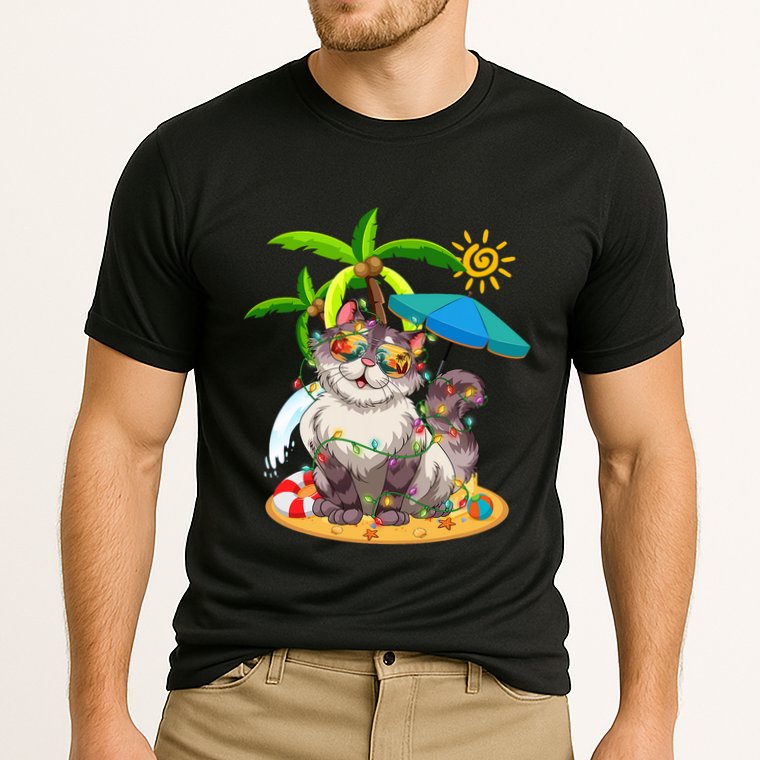 Cute Cat & Xmas Lights Palm Tree Christmas In July Summer Performance Shirt