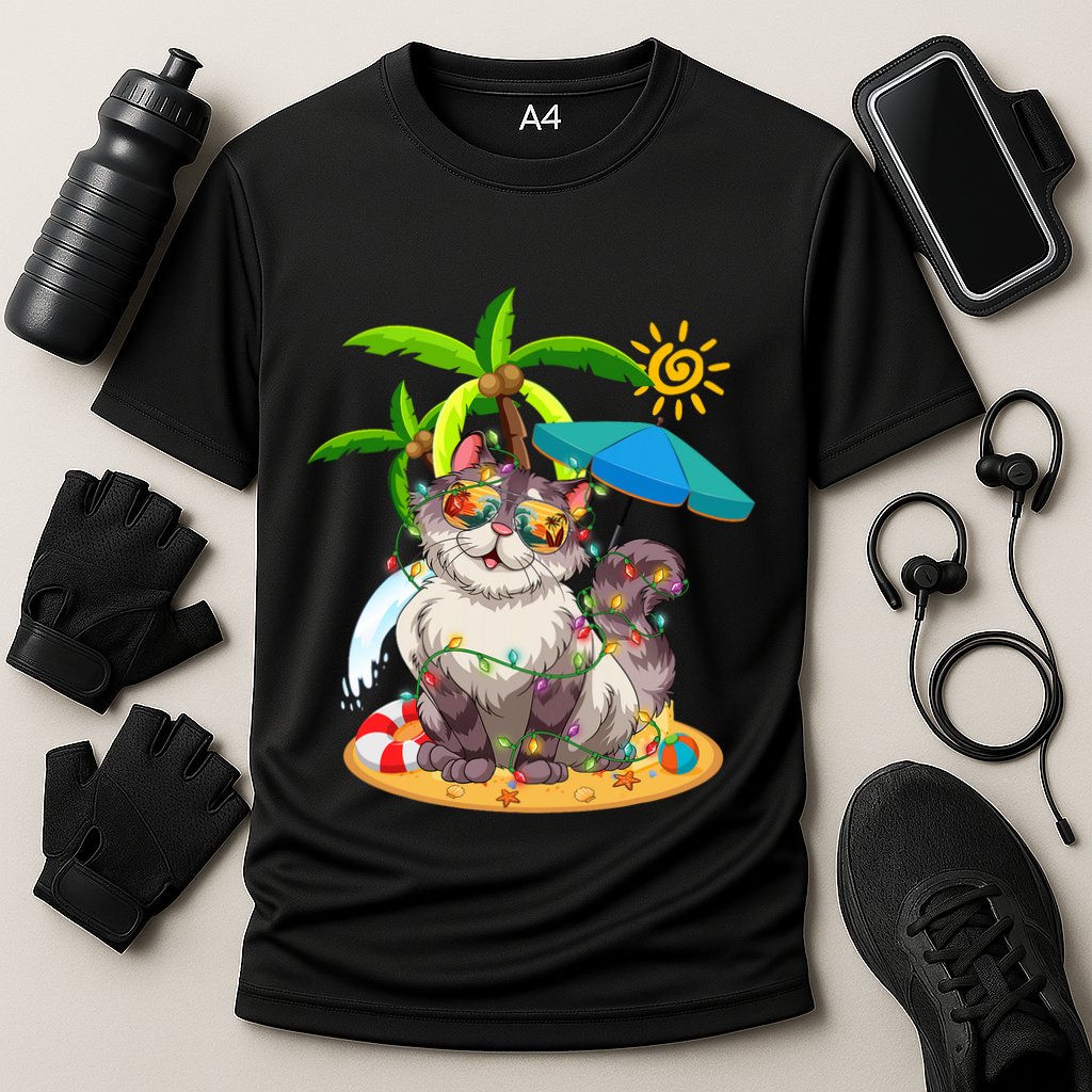 Cute Cat & Xmas Lights Palm Tree Christmas In July Summer Performance Shirt