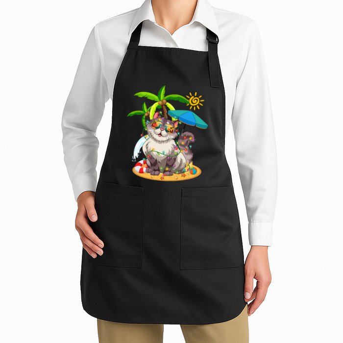 Cute Cat & Xmas Lights Palm Tree Christmas In July Summer Full-Length Apron With Pockets