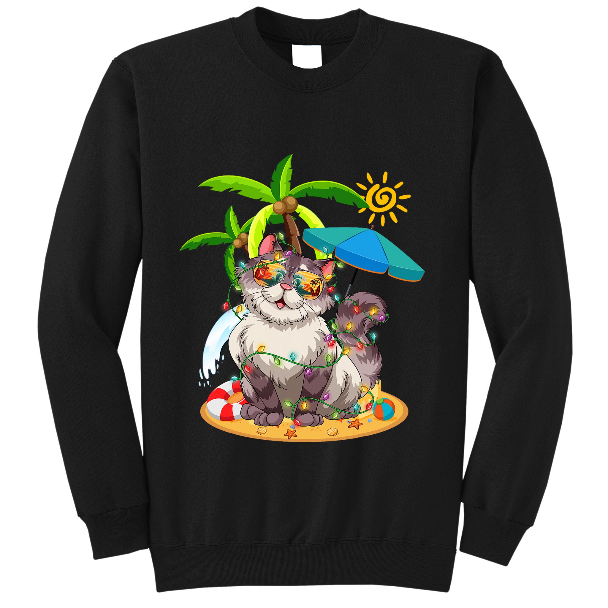 Cute Cat & Xmas Lights Palm Tree Christmas In July Summer Sweatshirt