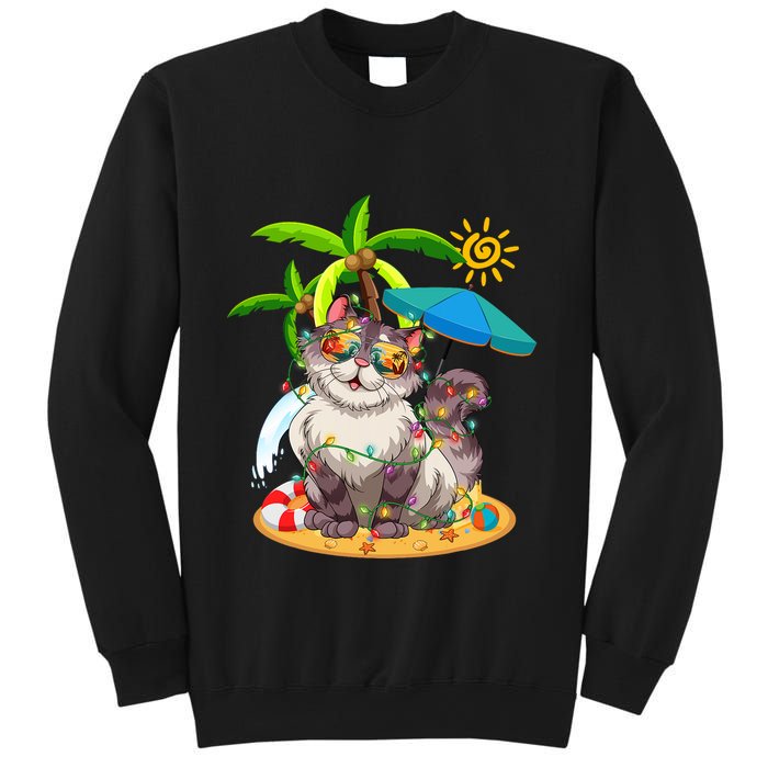 Cute Cat & Xmas Lights Palm Tree Christmas In July Summer Sweatshirt