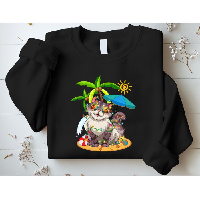 Cute Cat & Xmas Lights Palm Tree Christmas In July Summer Sweatshirt