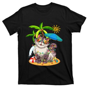 Cute Cat & Xmas Lights Palm Tree Christmas In July Summer T-Shirt