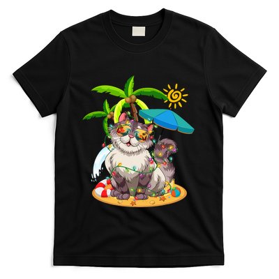 Cute Cat & Xmas Lights Palm Tree Christmas In July Summer T-Shirt