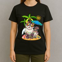 Cute Cat & Xmas Lights Palm Tree Christmas In July Summer T-Shirt