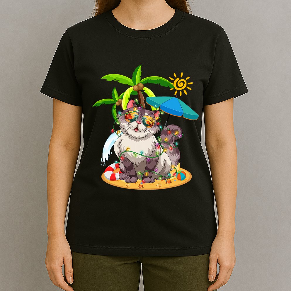Cute Cat & Xmas Lights Palm Tree Christmas In July Summer T-Shirt