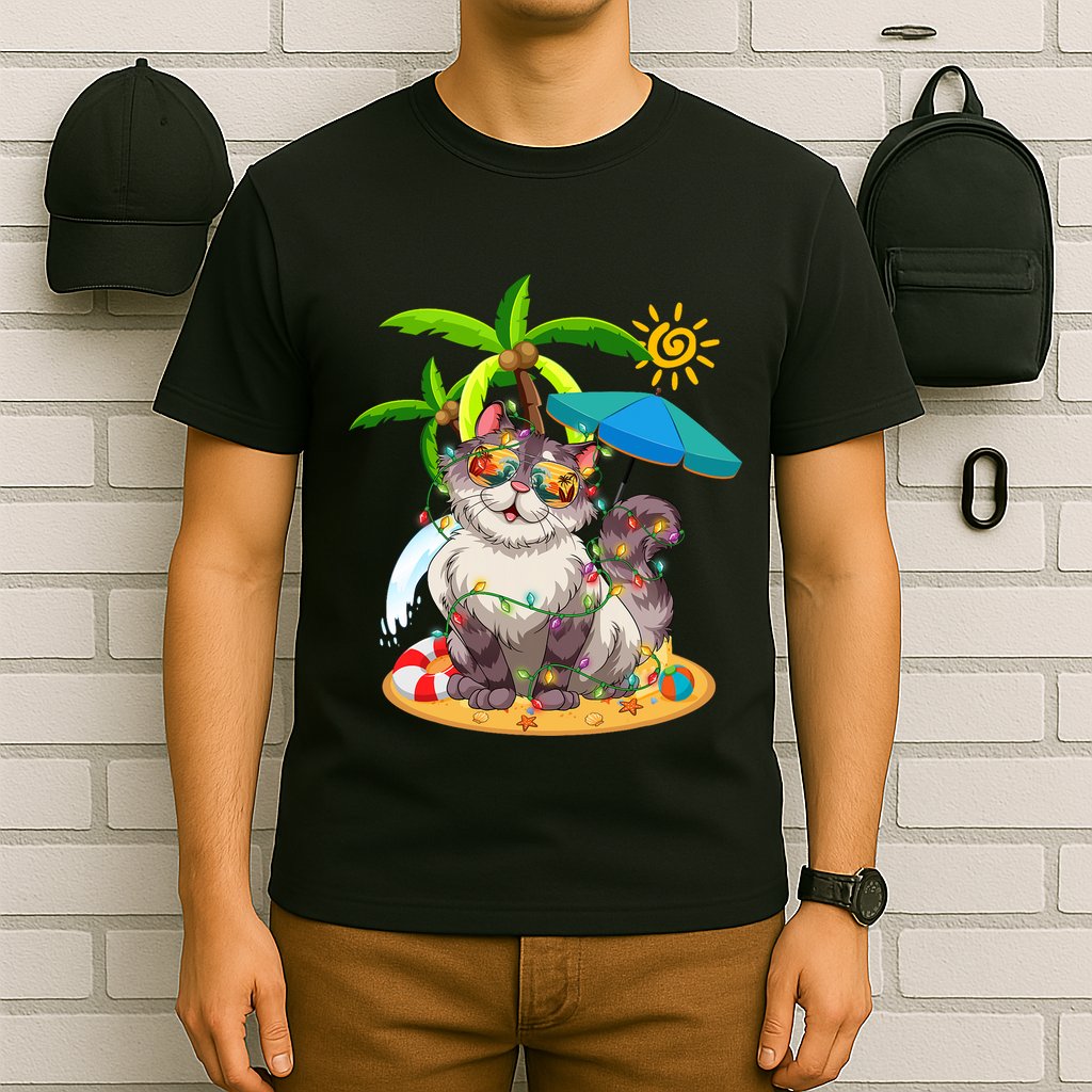Cute Cat & Xmas Lights Palm Tree Christmas In July Summer T-Shirt