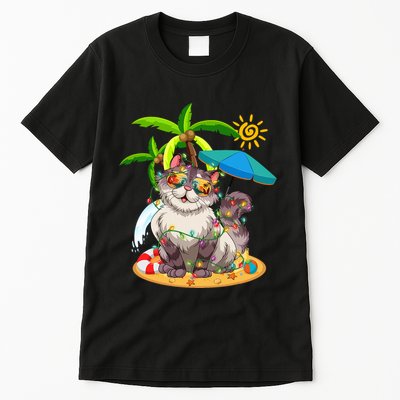 Cute Cat & Xmas Lights Palm Tree Christmas In July Summer Tall T-Shirt