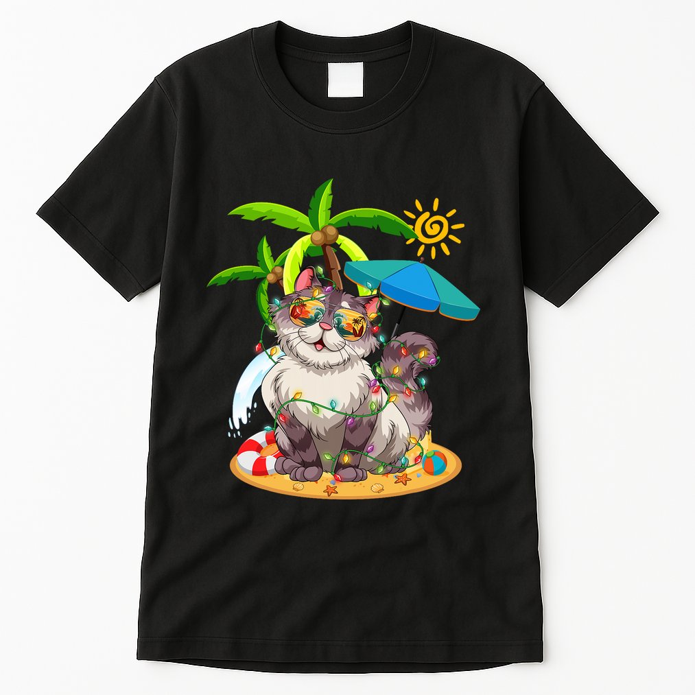 Cute Cat & Xmas Lights Palm Tree Christmas In July Summer Tall T-Shirt