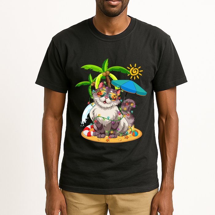 Cute Cat & Xmas Lights Palm Tree Christmas In July Summer Tall T-Shirt