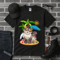 Cute Cat & Xmas Lights Palm Tree Christmas In July Summer Tall T-Shirt