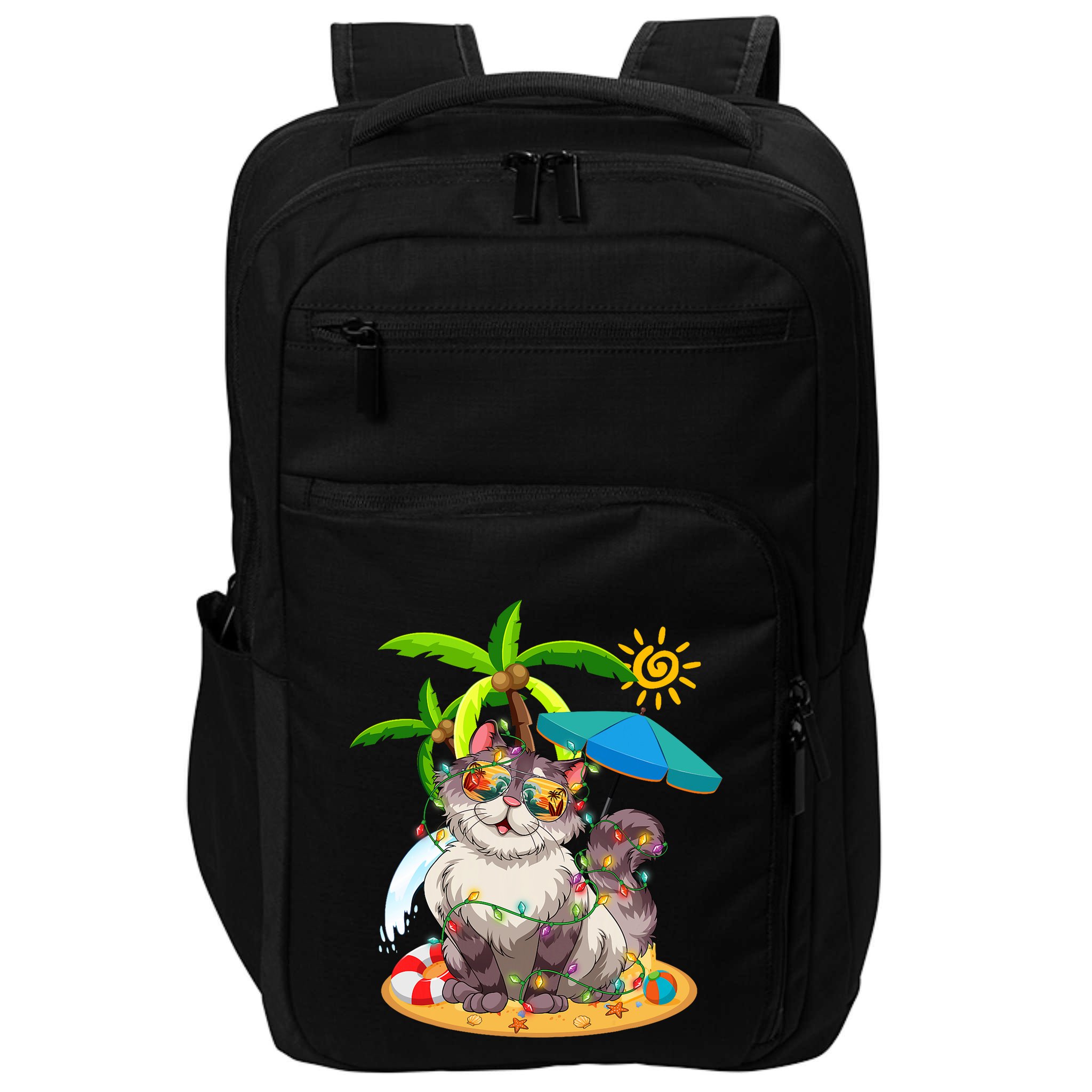 Cute Cat & Xmas Lights Palm Tree Christmas In July Summer Impact Tech Backpack