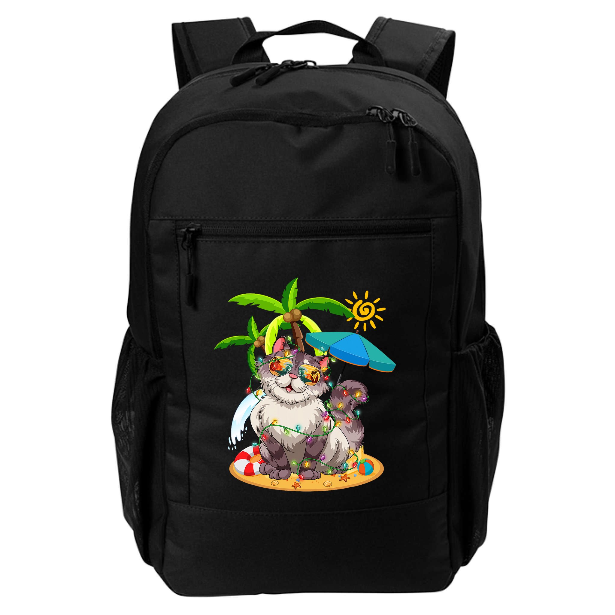 Cute Cat & Xmas Lights Palm Tree Christmas In July Summer Backpack