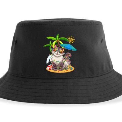 Cute Cat & Xmas Lights Palm Tree Christmas In July Summer Sustainable Bucket Hat