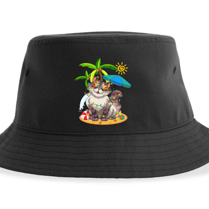 Cute Cat & Xmas Lights Palm Tree Christmas In July Summer Sustainable Bucket Hat