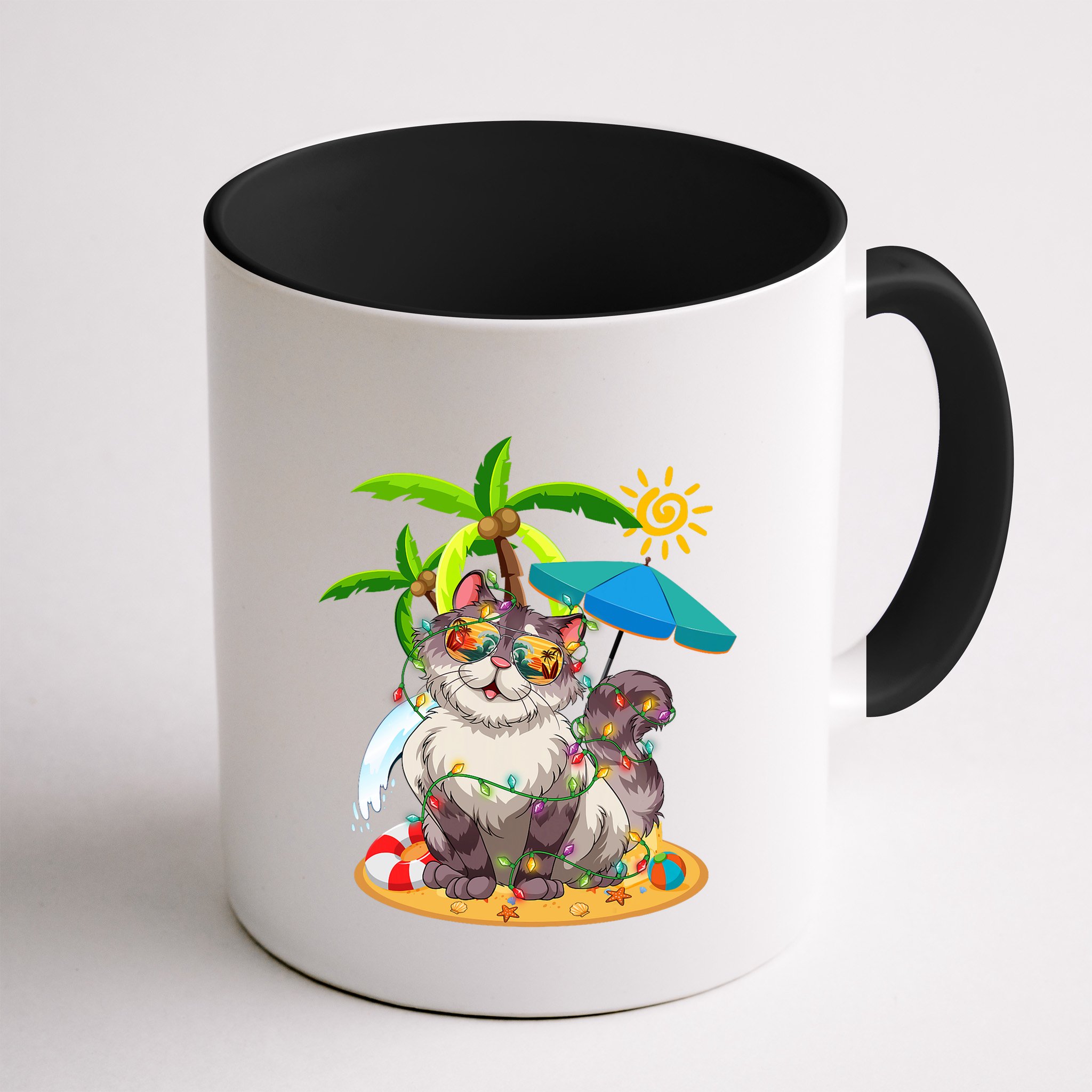 Cute Cat & Xmas Lights Palm Tree Christmas In July Summer Mug