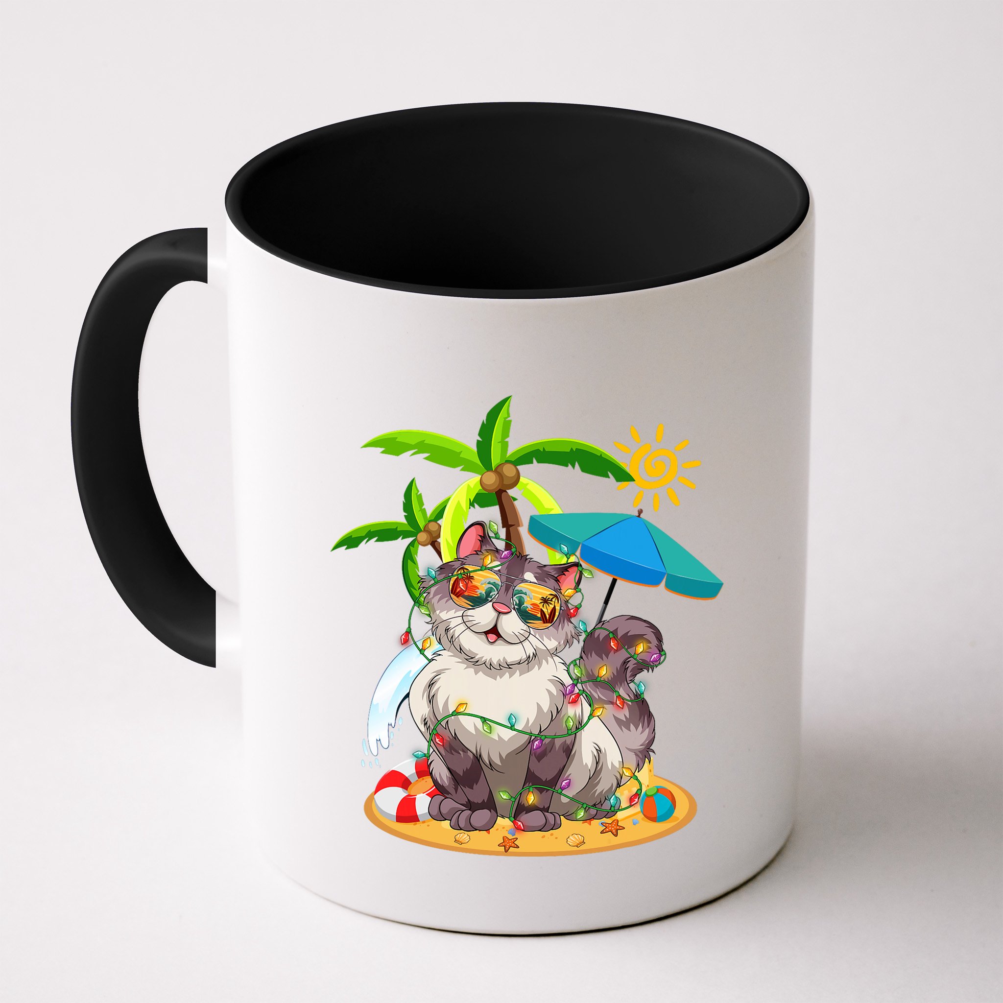 Cute Cat & Xmas Lights Palm Tree Christmas In July Summer Mug