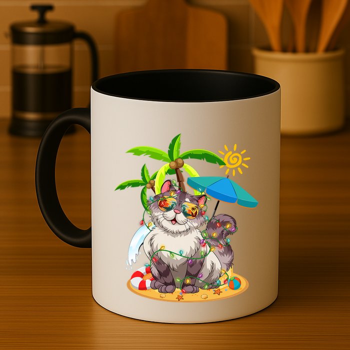 Cute Cat & Xmas Lights Palm Tree Christmas In July Summer Mug