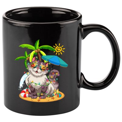 Cute Cat & Xmas Lights Palm Tree Christmas In July Summer 11oz C Handle Ceramic Mug