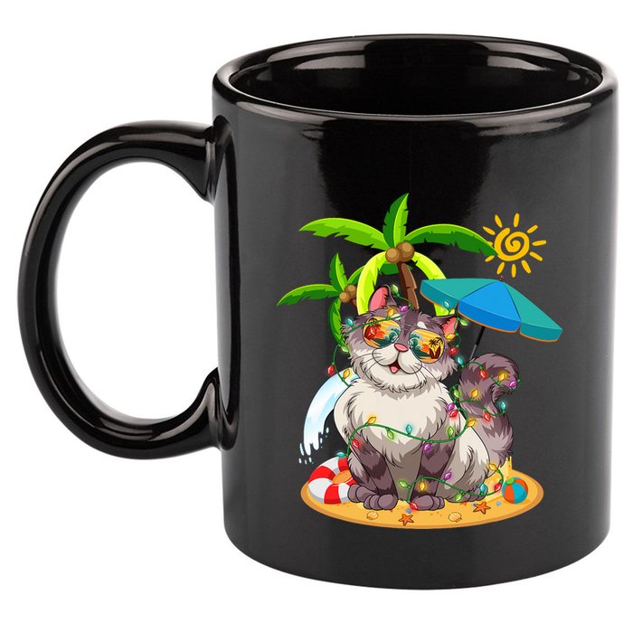 Cute Cat & Xmas Lights Palm Tree Christmas In July Summer 11oz C Handle Ceramic Mug