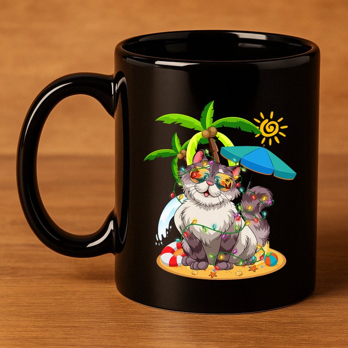 Cute Cat & Xmas Lights Palm Tree Christmas In July Summer 11oz C Handle Ceramic Mug