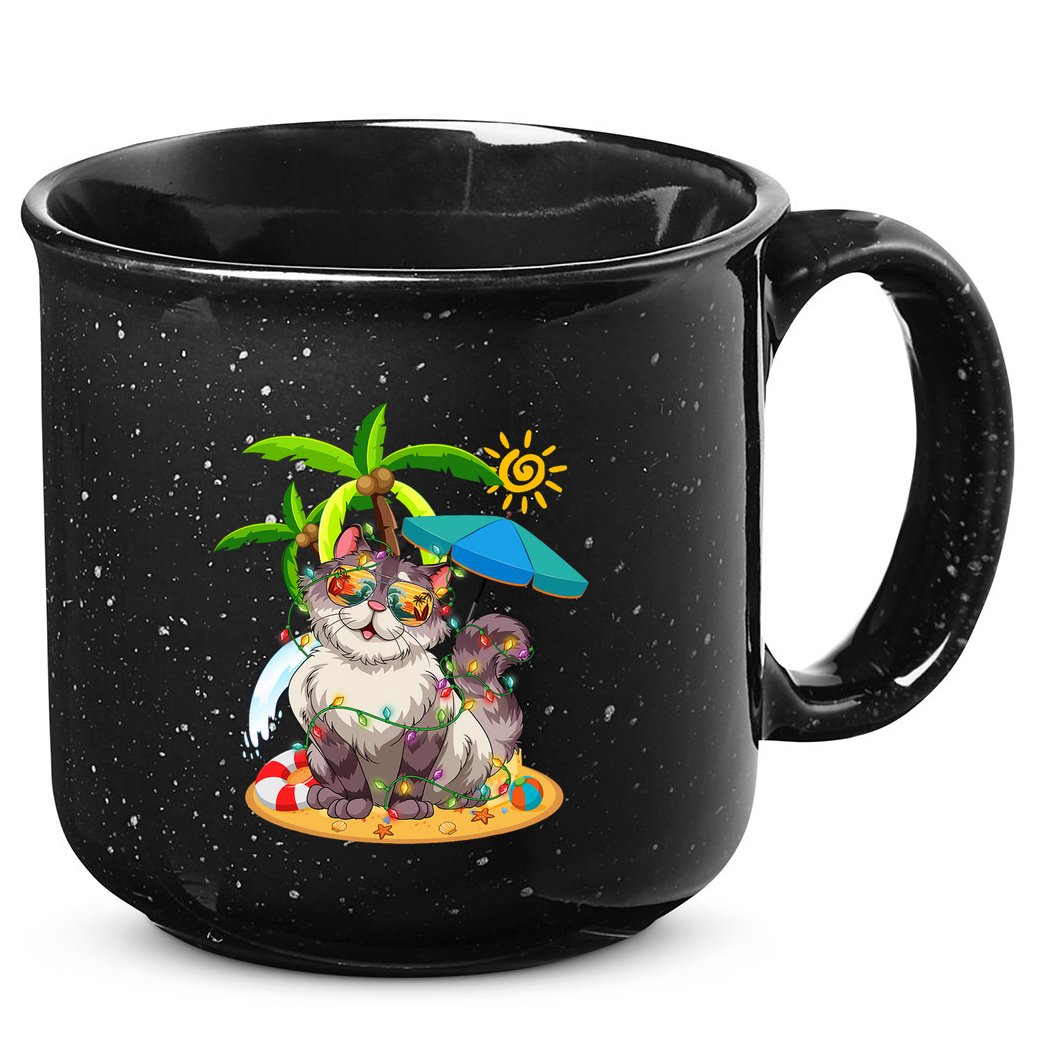 Cute Cat & Xmas Lights Palm Tree Christmas In July Summer 15oz Campfire Ceramic Mug