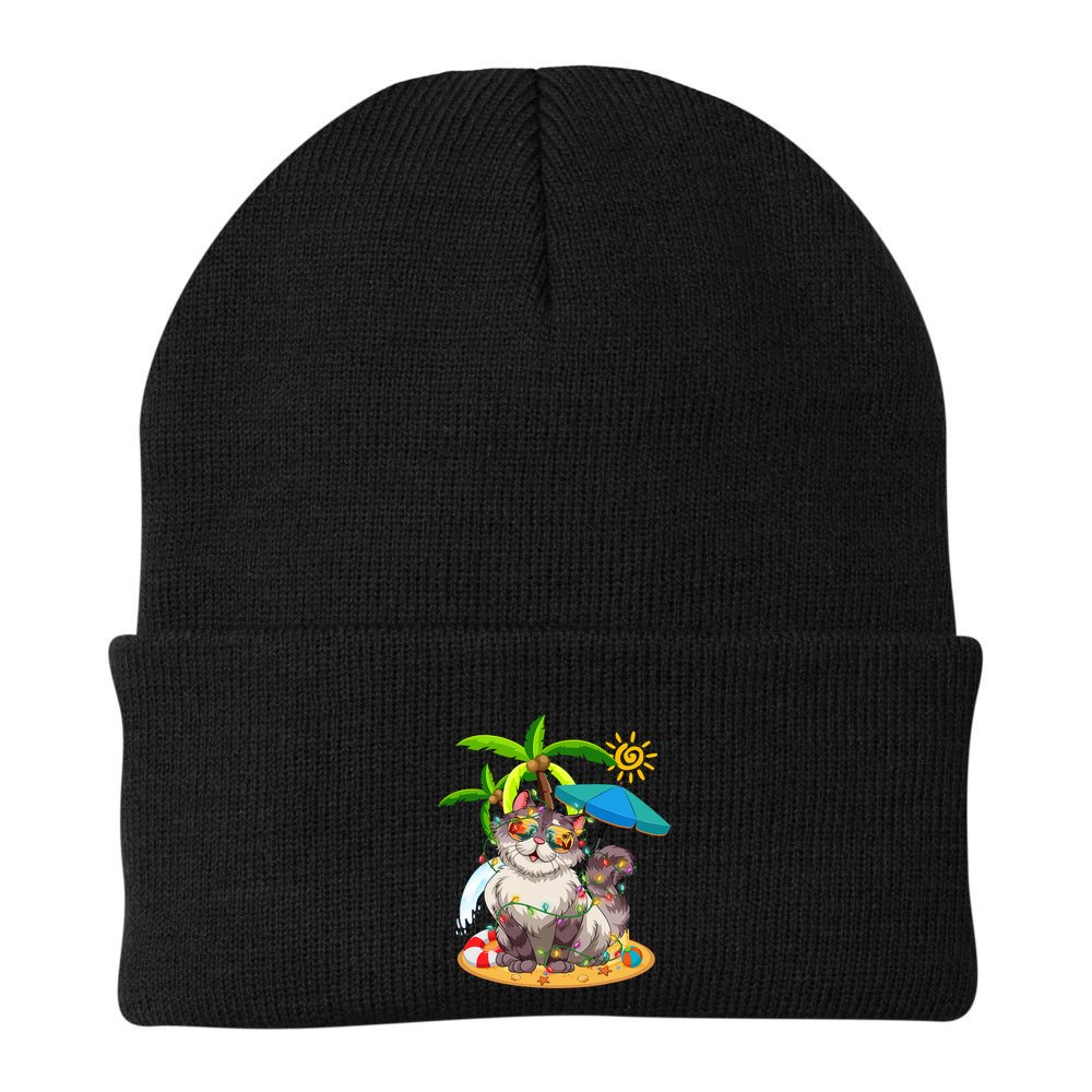 Cute Cat & Xmas Lights Palm Tree Christmas In July Summer Beanie