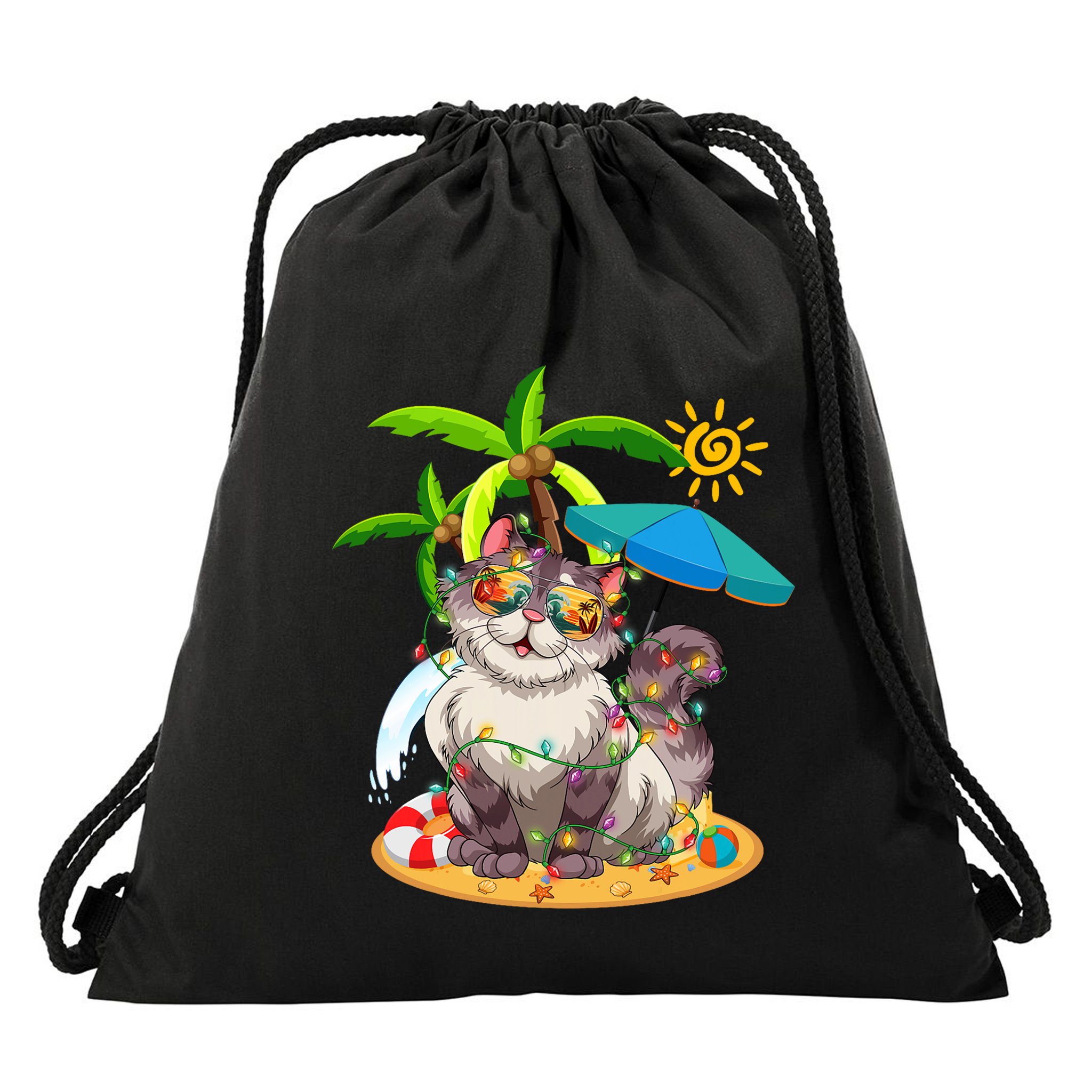 Cute Cat & Xmas Lights Palm Tree Christmas In July Summer Drawstring Bag