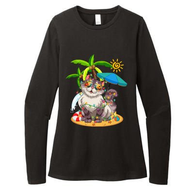 Cute Cat & Xmas Lights Palm Tree Christmas In July Summer Womens CVC Long Sleeve Shirt